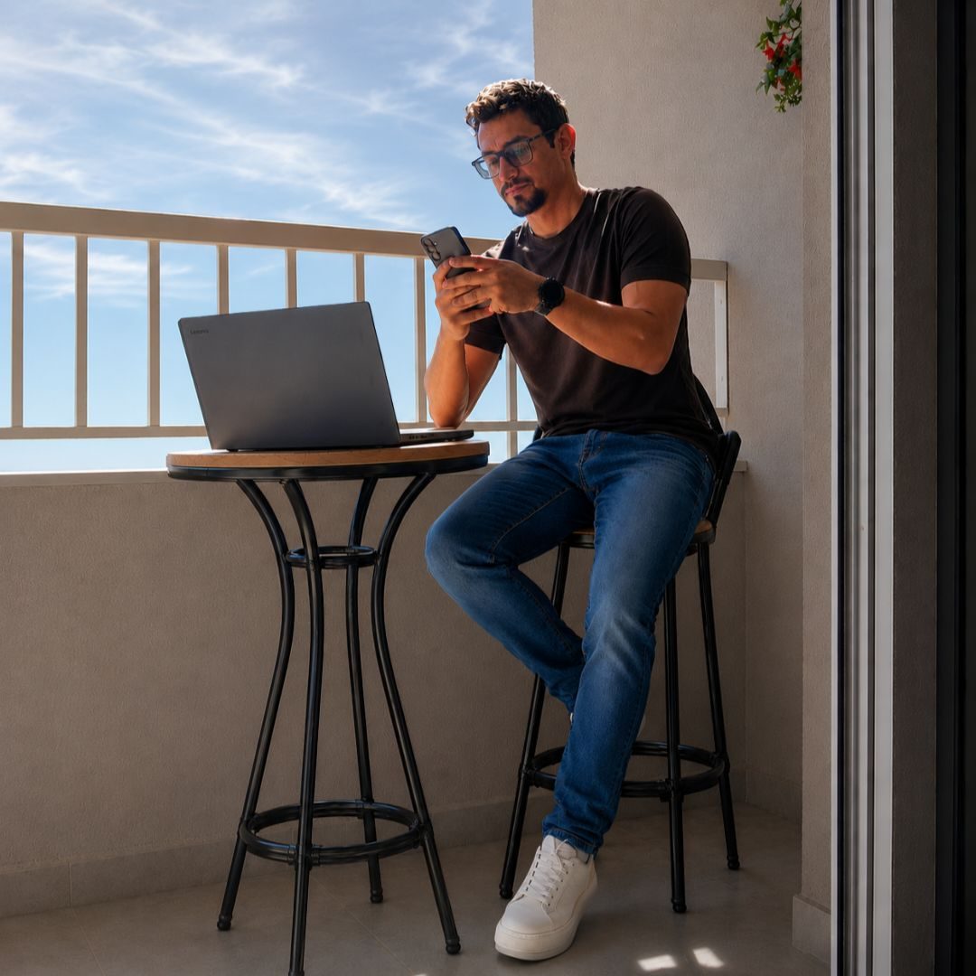 Gabriel Freitas trabalhando com notebook e celular em uma varanda